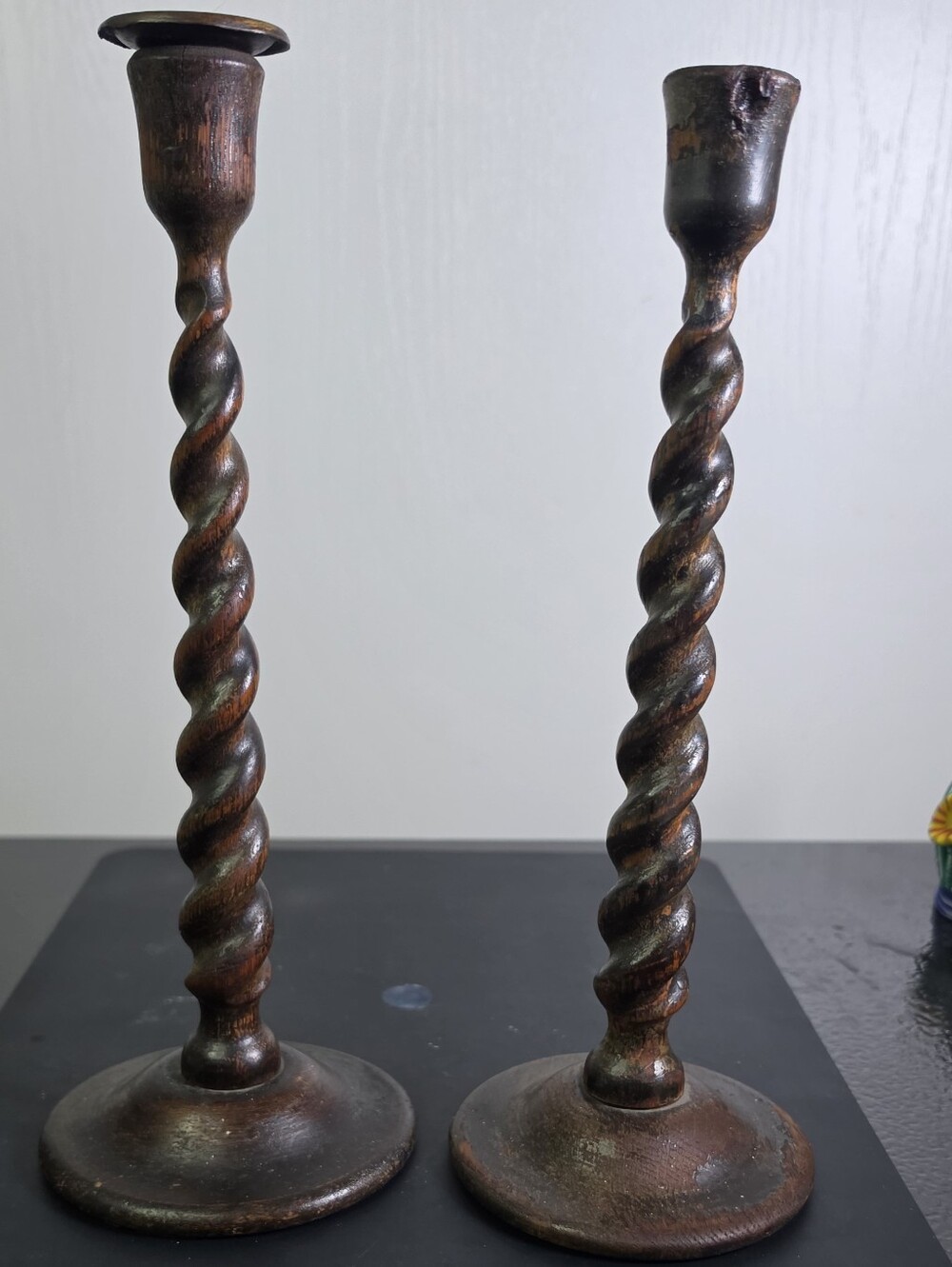 Pair of Antique Barley Twist Candlestick Holders - Brown Patina